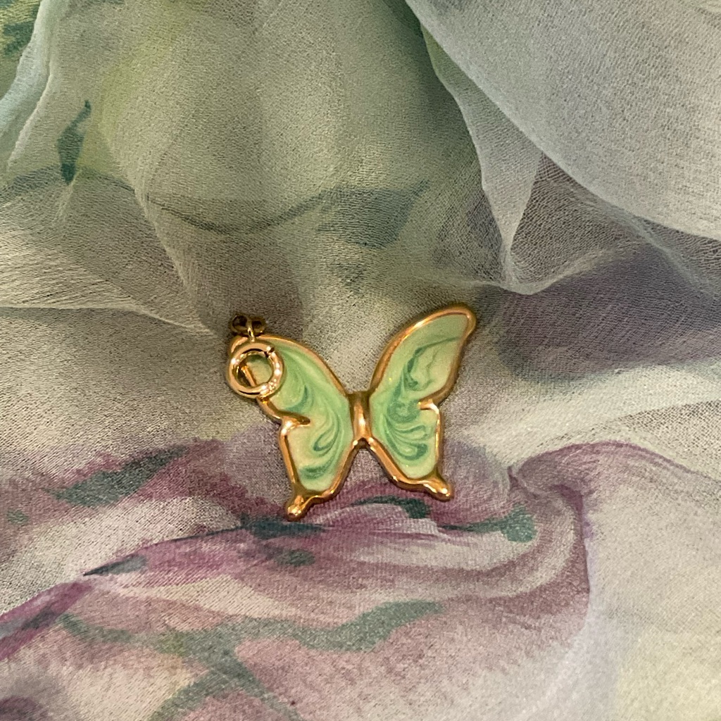 Fern Charm Butterfly In Green And Crme Swirl Enamel, Goldtone Stainless Steel